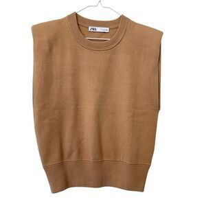 ZARA Crew Neck Knit Sleeveless Pullover Camel Sweater Vest Size Small